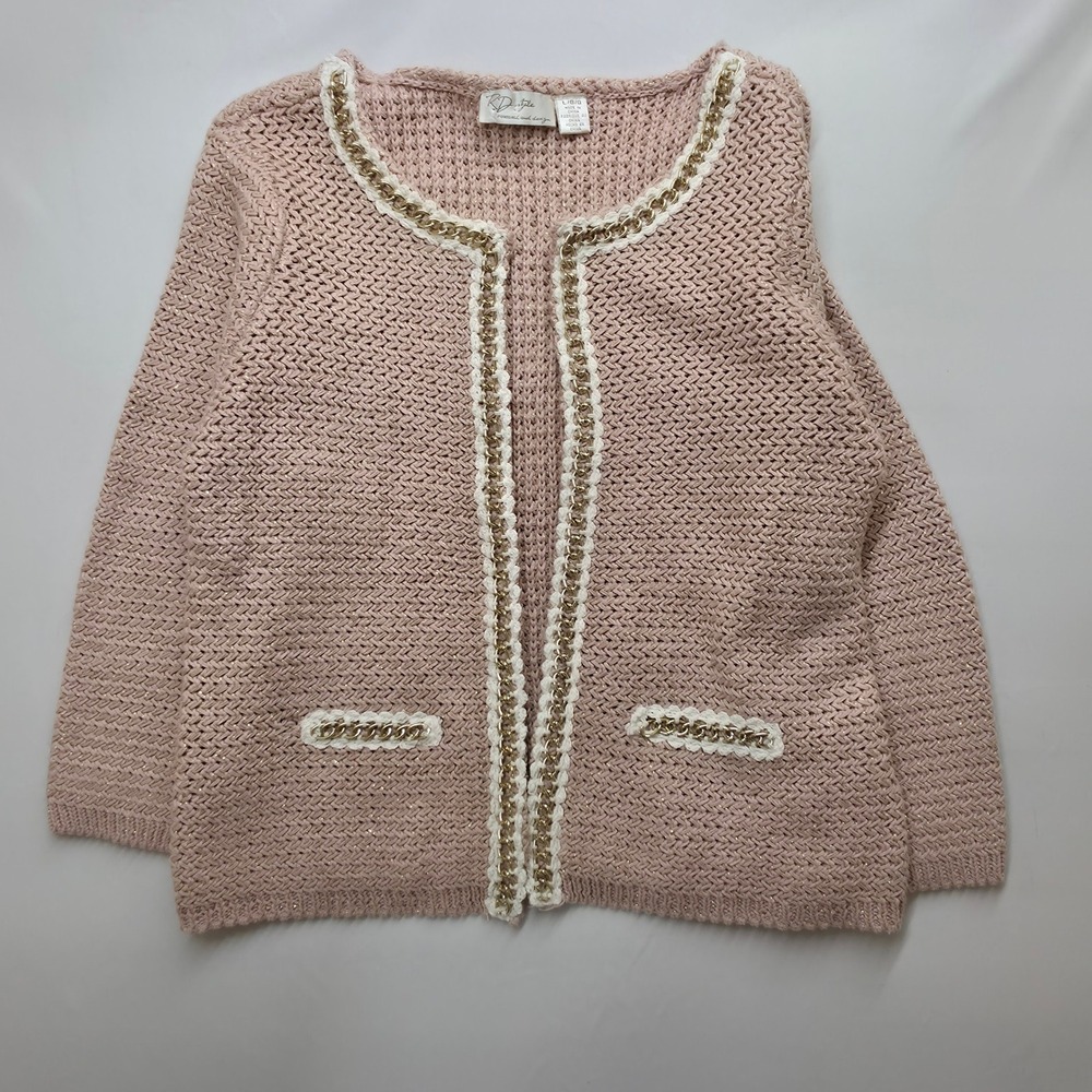 RD Style Pink Metallic Chunky Knit Cardigan Gold Chain Chanel Style Jacket NWT L